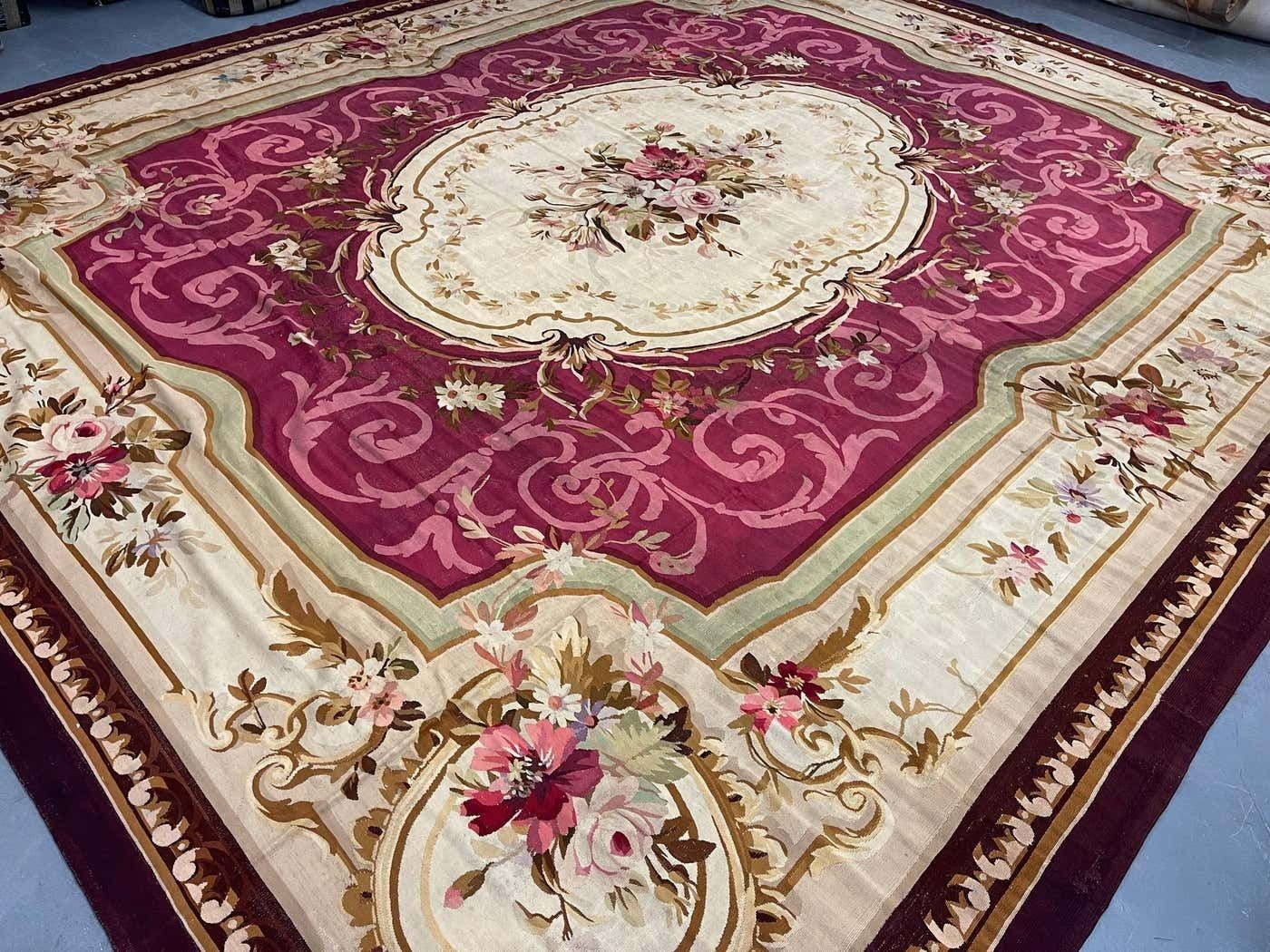 Antique Carpet Burgundy Beige Aubusson Rug, Extra Large Wool Tapestry Rug photo vintage