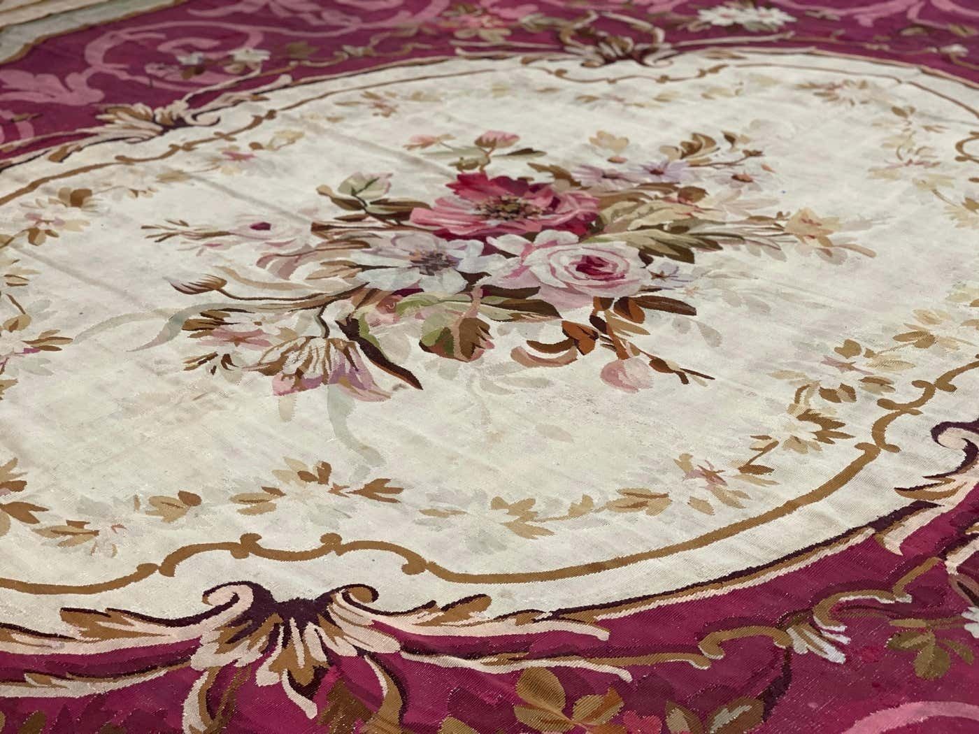 32657.0 Antique Carpet Burgundy Beige Aubusson Rug, Extra Large Wool Tapestry Rug photo