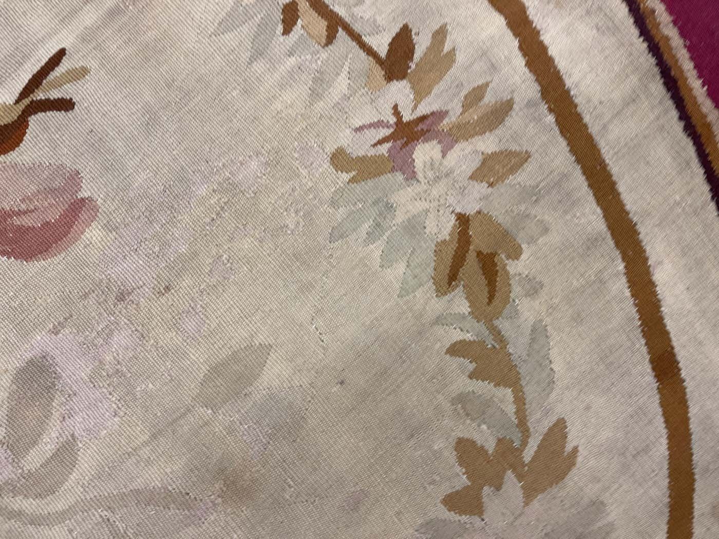photo vintage Antique Carpet Burgundy Beige Aubusson Rug, Extra Large Wool Tapestry Rug