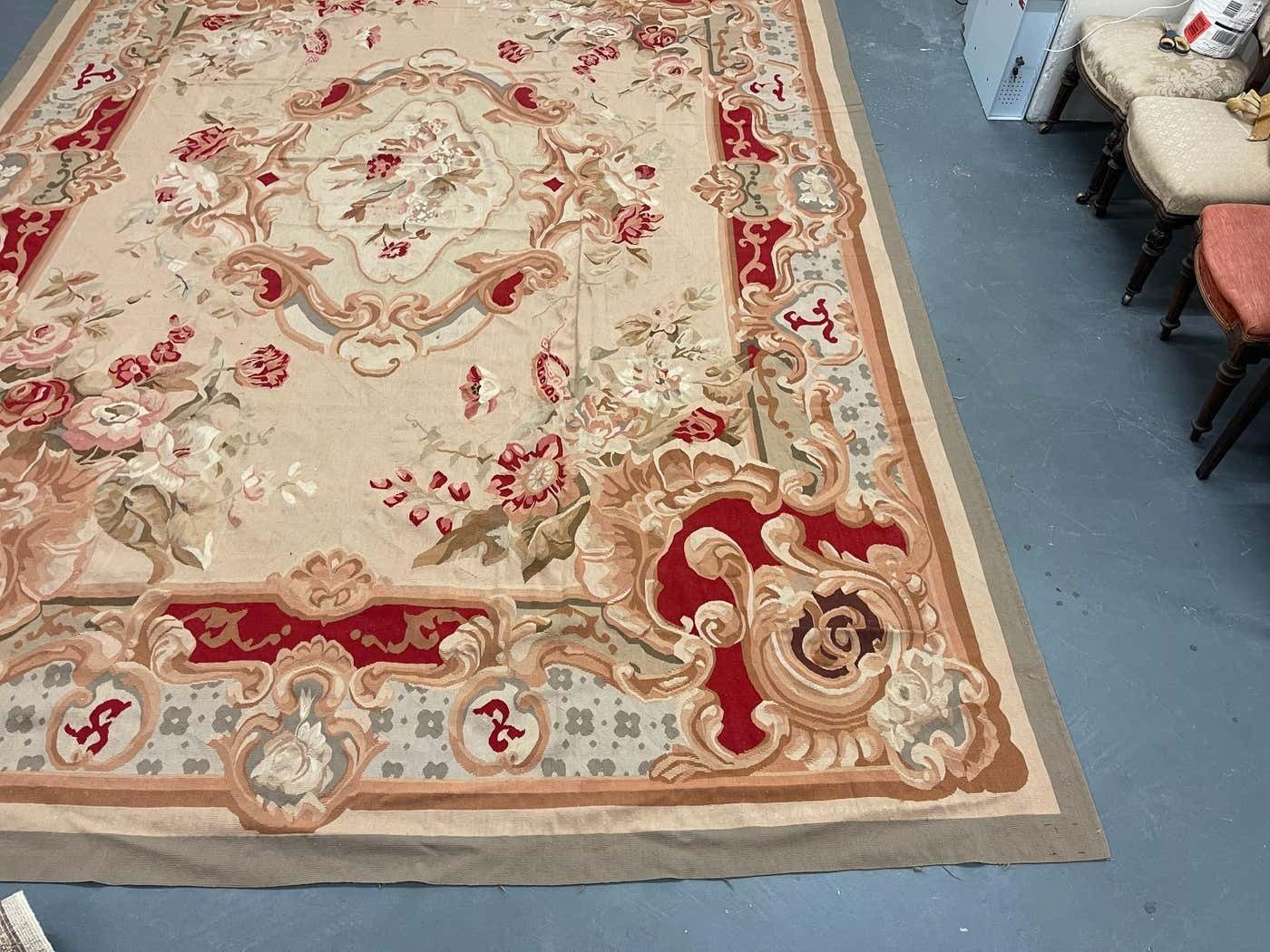Antique Carpet Burgundy Beige Aubusson Rug, Extra Large Wool Tapestry Rug photo for sale