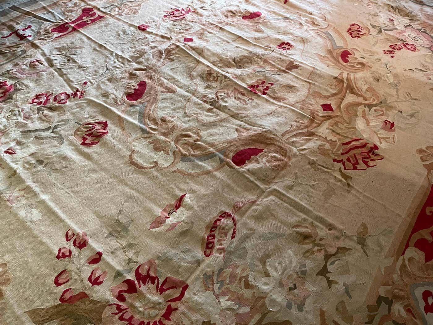 Textiles Antique Carpet Burgundy Beige Aubusson Rug, Extra Large Wool Tapestry Rug photo