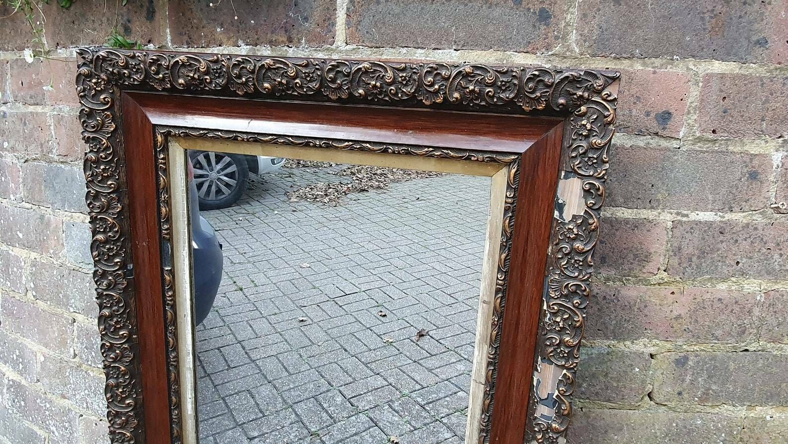 Distressed Edwardian Decorative Wall Mirror Maroon And Gold Shabby Chic photo for sale