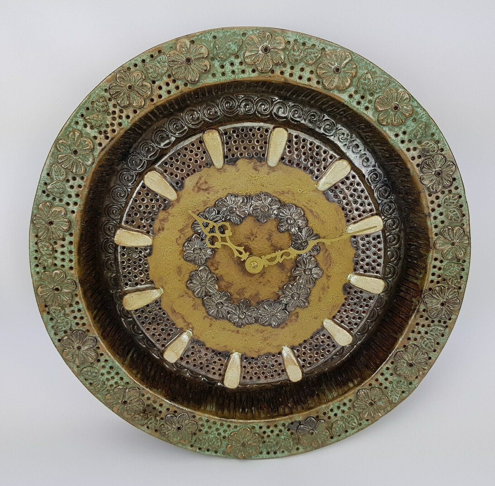 1980s Vintage Green Studio Art Pottery Ceramic Clock West German Pottery photo for sale