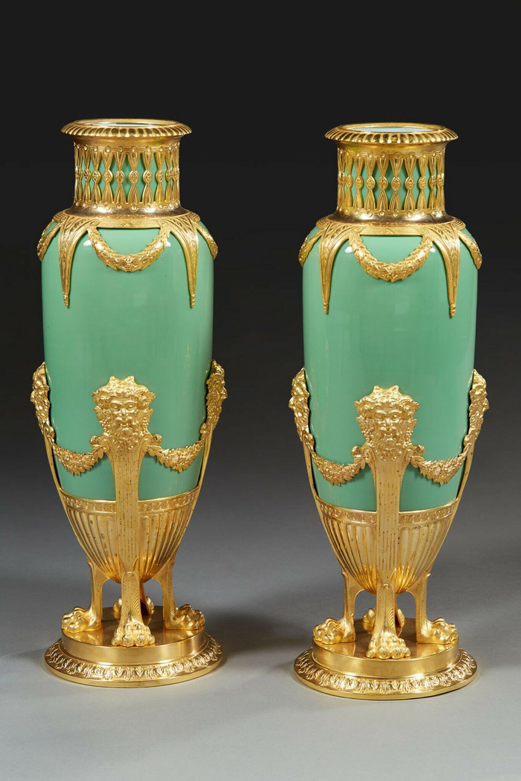 Pair Of Late 19th Century Jade Green Opaline And Gilded Brass Vases