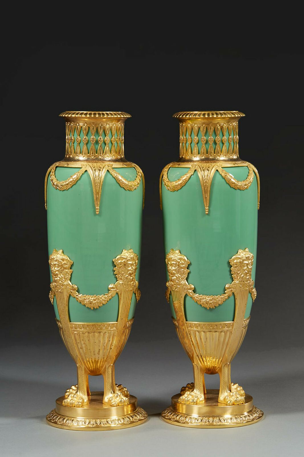Pair Of Late 19th Century Jade Green Opaline And Gilded Brass Vases photo furniture