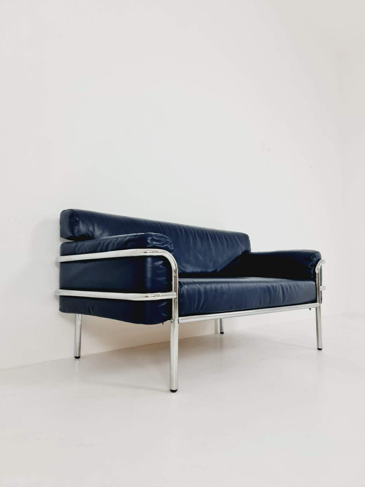 photo for sale Mid Century Leather Bauhaus Style Of Cassia Lc3 Style Sofa, 1980s