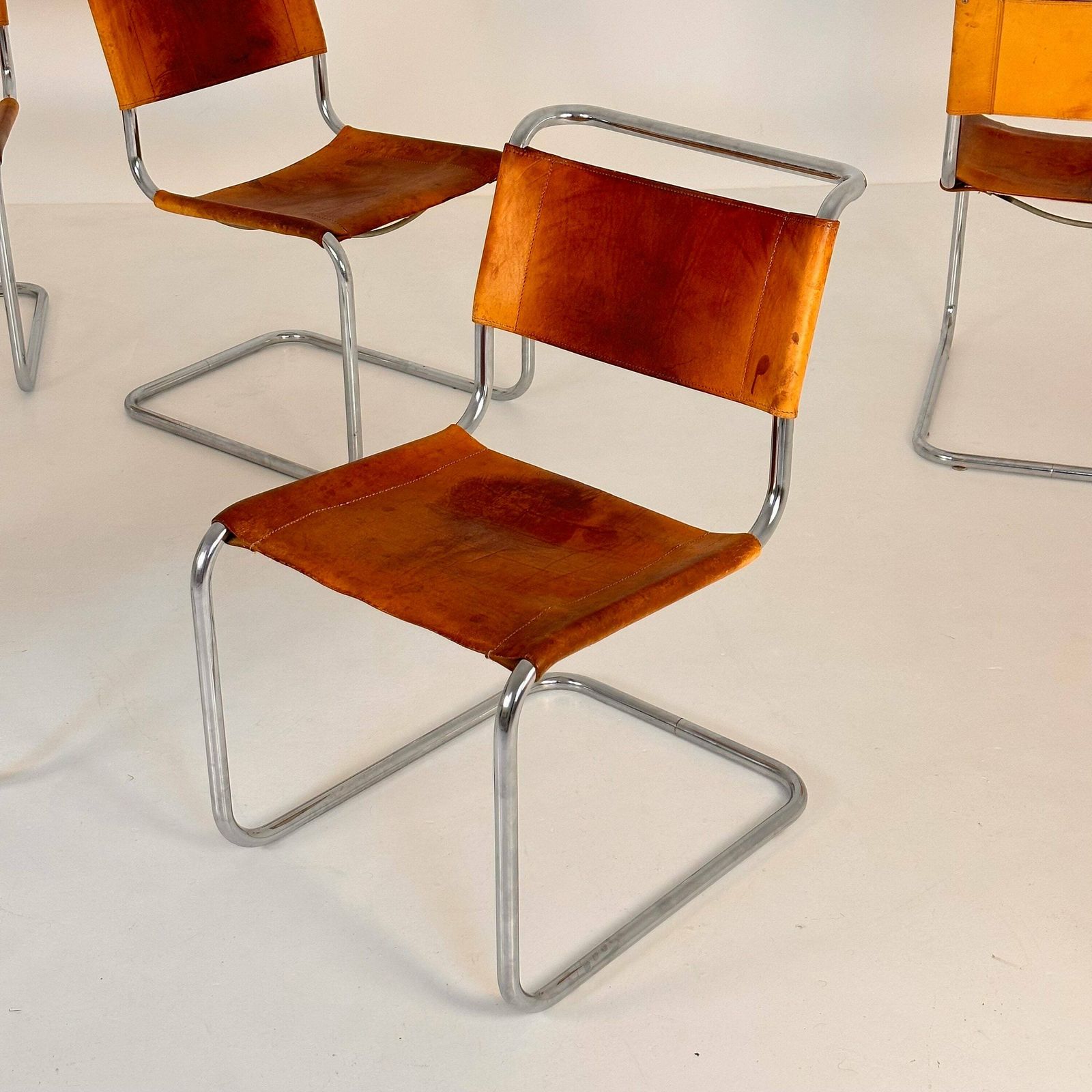 Set Of 4 Mid Century Vintage S33 Cognac Chairs By Mart Stam & Marcel Breuer From Thonet 1980s photo for sale