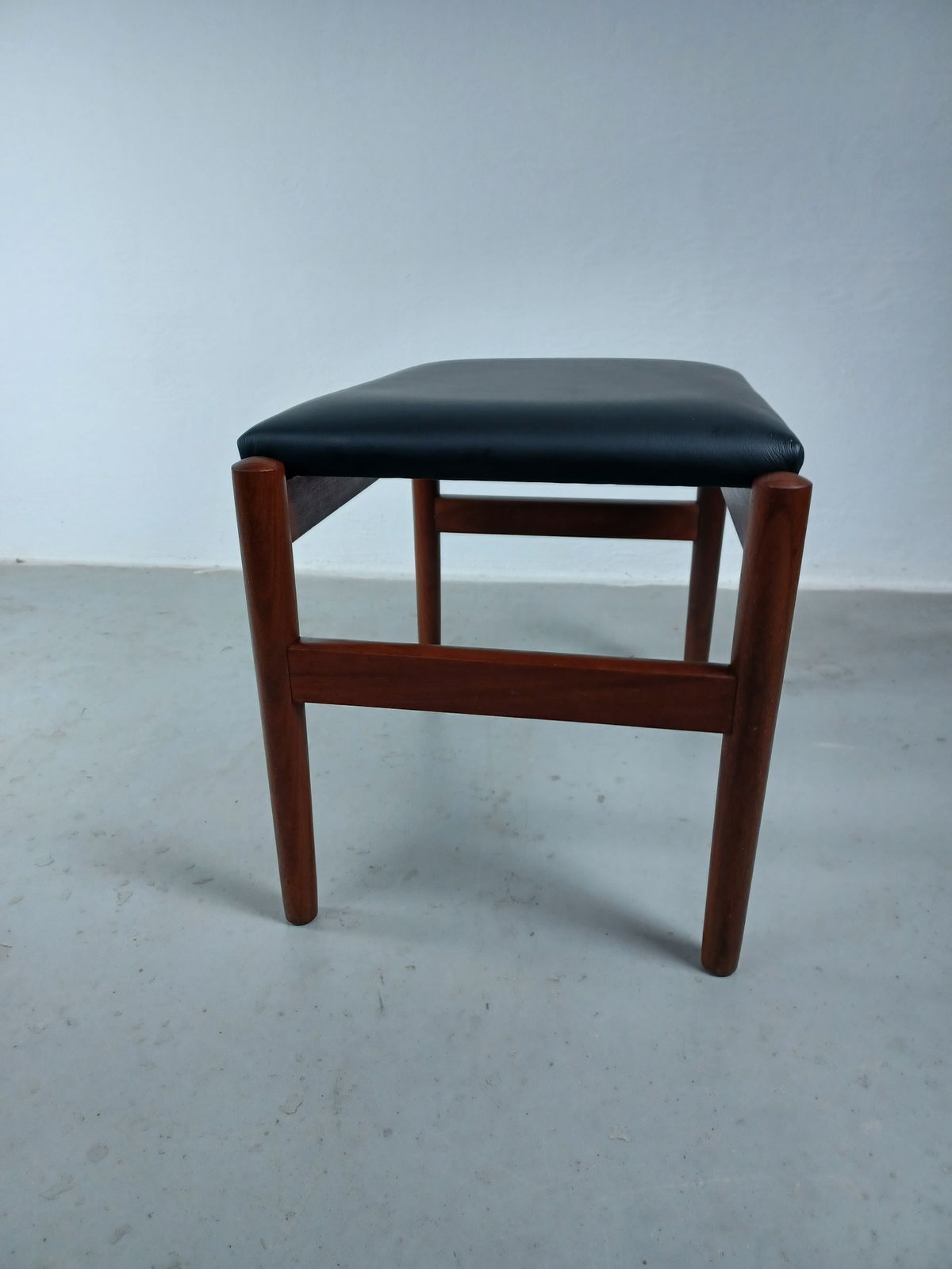 Restored Danish Teak Footstool Reupholstered In Black Leather 1960's photo Furniture
