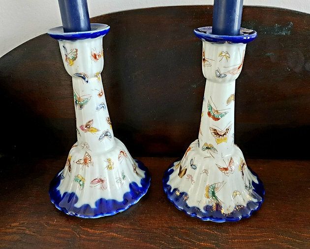 Very Rare Pair Of Antique Bone China  Butterfly Candle Holders photo Home Decor