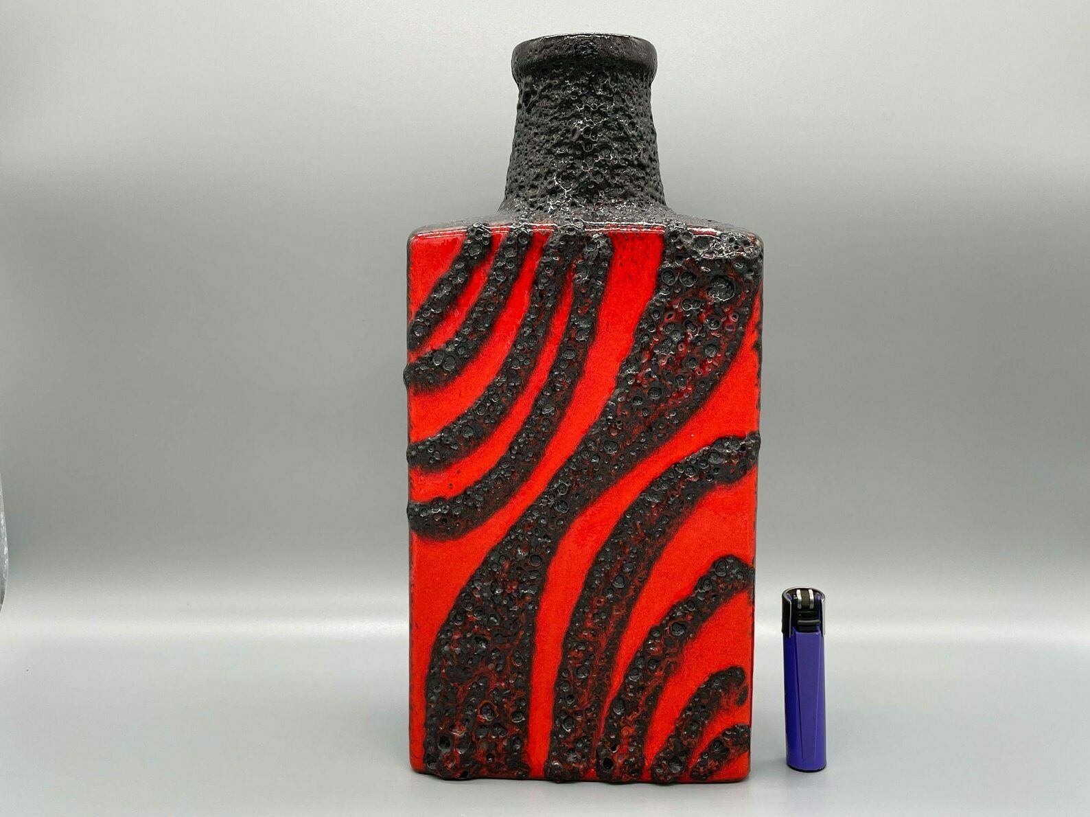Roth Ceramic Square Bottle Vase Fat Lava Red Black Germany 1970s photo vintage