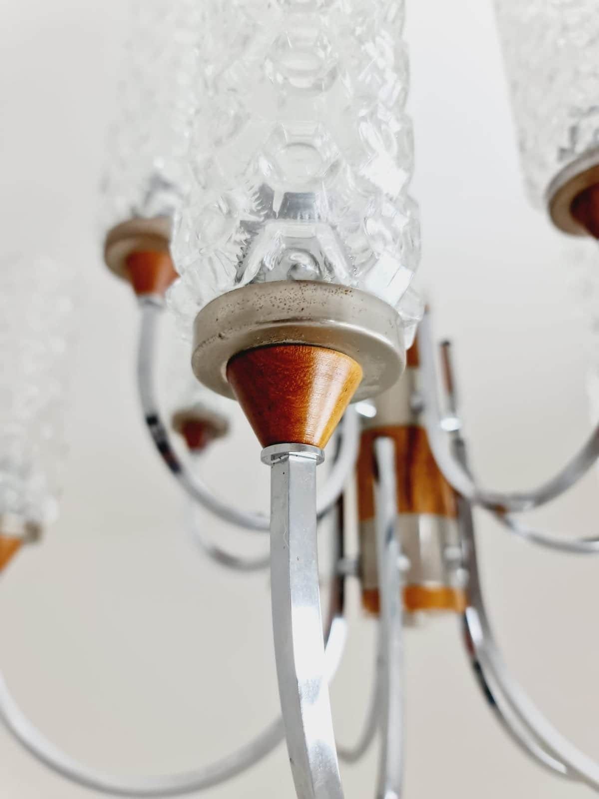 Rare Vintage Scandinavian Chrome, Rosewood & Crystal Pendant Lamp, 1960s photo Lighting