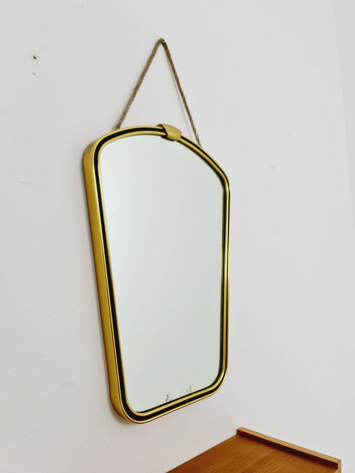 Mid Century Asymmetric German Brass Original Kidney Wall Mirror With Shelf From The 60s Model Rockabilly photo vinterior