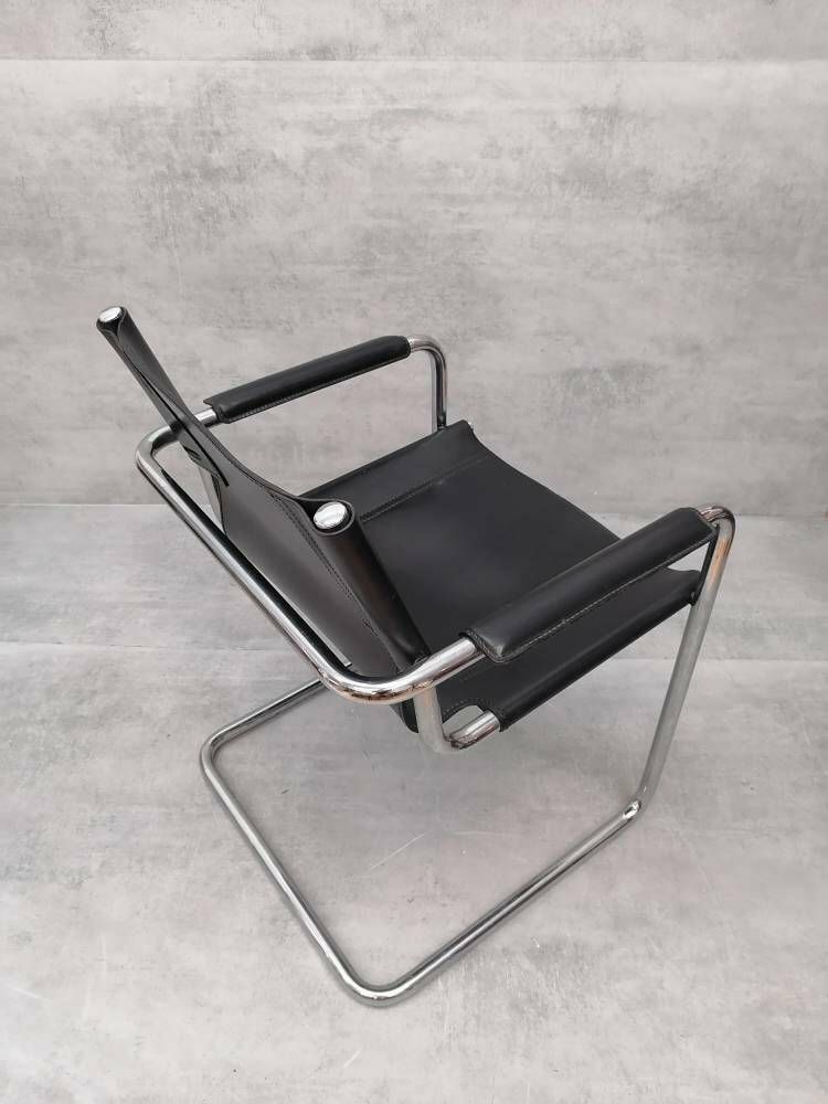 1 Of 4 Orginal Matteo Grassi Bauhaus Design Visitor Chair Black Leather 1970s photo for sale