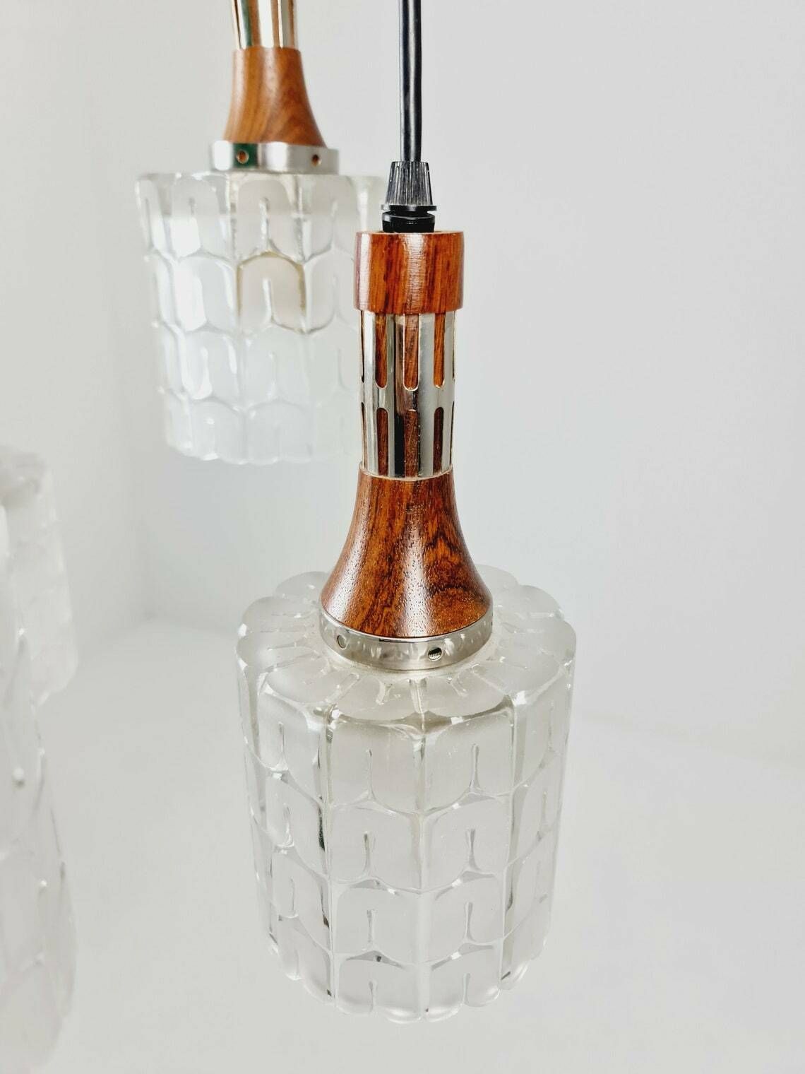 Rosewood And Glass Pendant Lamp, Doria Light Fixture, With Five Murano Textured Glass Tube Pendants, 1970s photo Lighting
