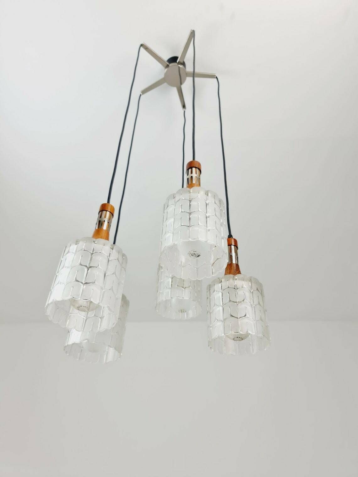 Rosewood And Glass Pendant Lamp, Doria Light Fixture, With Five Murano Textured Glass Tube Pendants, 1970s photo 366.0