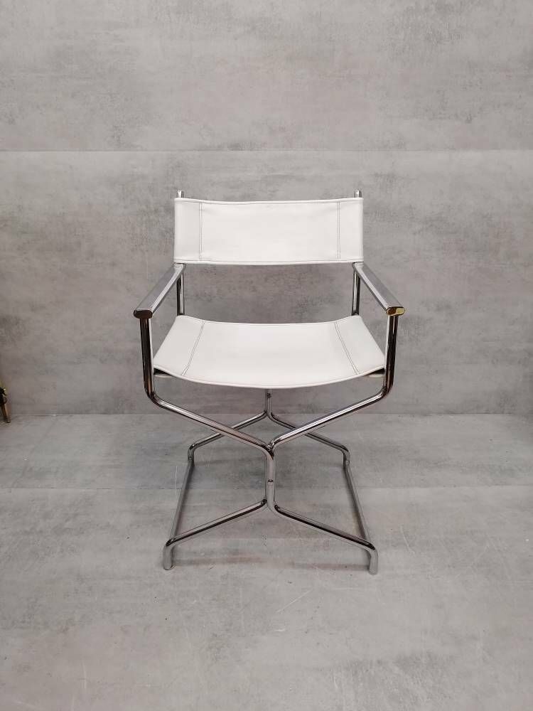 Mid Century Modern Arrben Director's Chair In Chrome And White Leather 1980s