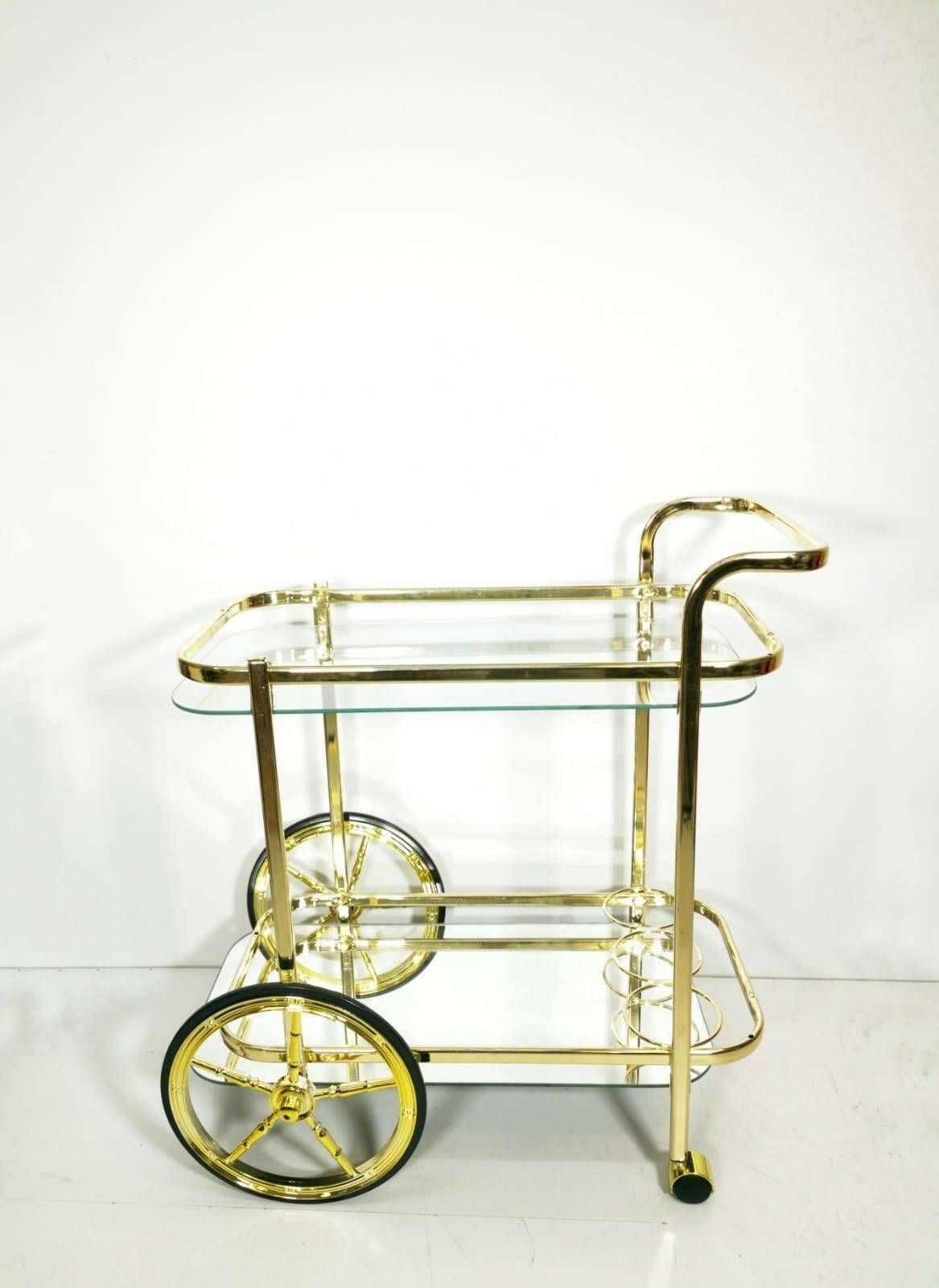 Hollywood Regency Bar Cart , Vintage Brass Two Tier Cart With Smoked Glass 1960s