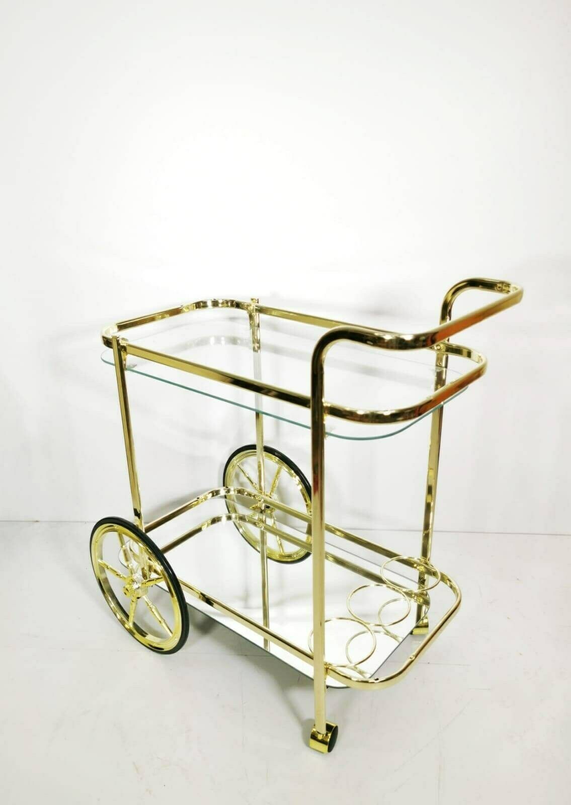 Hollywood Regency Bar Cart , Vintage Brass Two Tier Cart With Smoked Glass 1960s photo vinterior