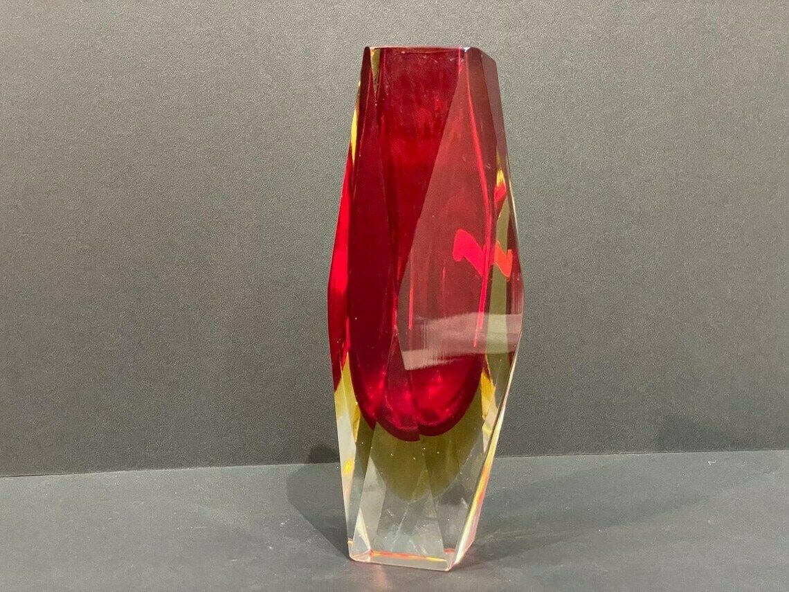 Mandruzzato Vase, Murano, Ruby Red And Yellow Summer Ovase With 12 Facets, Signed, 1960s