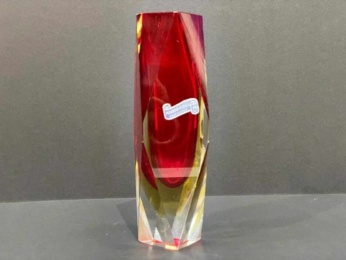 Mandruzzato Vase, Murano, Ruby Red And Yellow Summer Ovase With 12 Facets, Signed, 1960s photo furniture