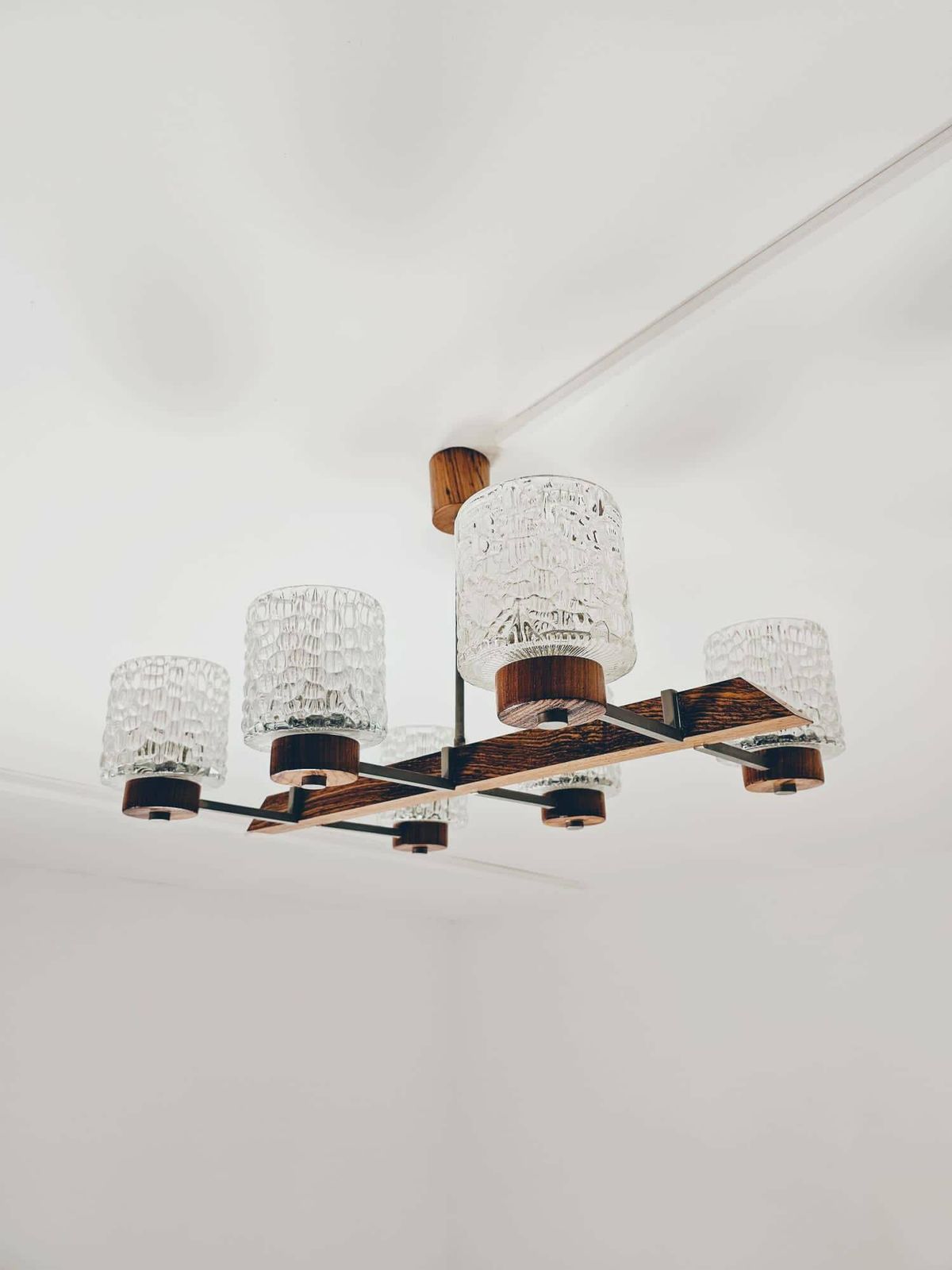 Vintage Scandinavian Metal, Rosewood & Glass Pendant Lamp, 1960s photo for sale