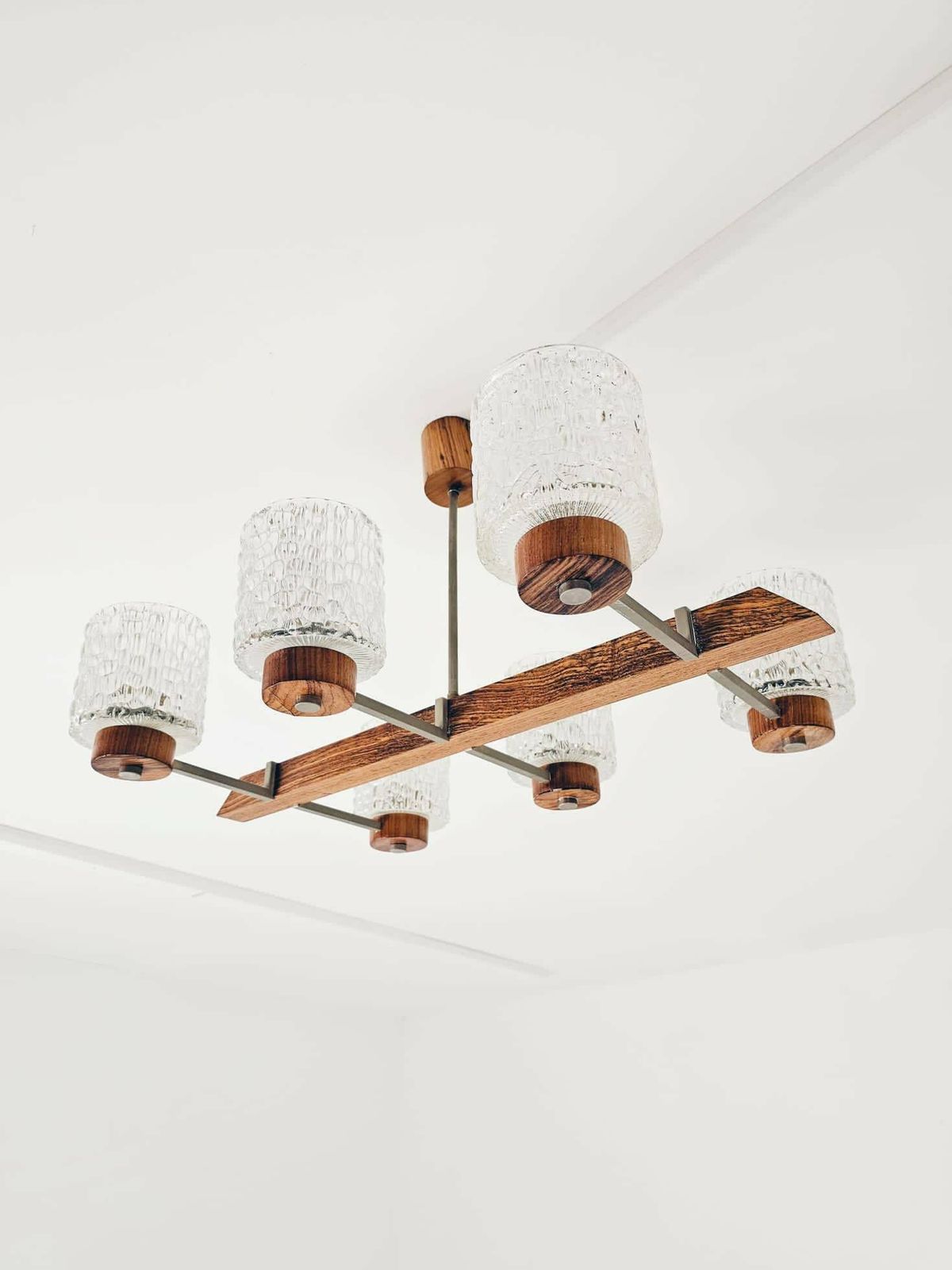 Vintage Scandinavian Metal, Rosewood & Glass Pendant Lamp, 1960s photo vintage