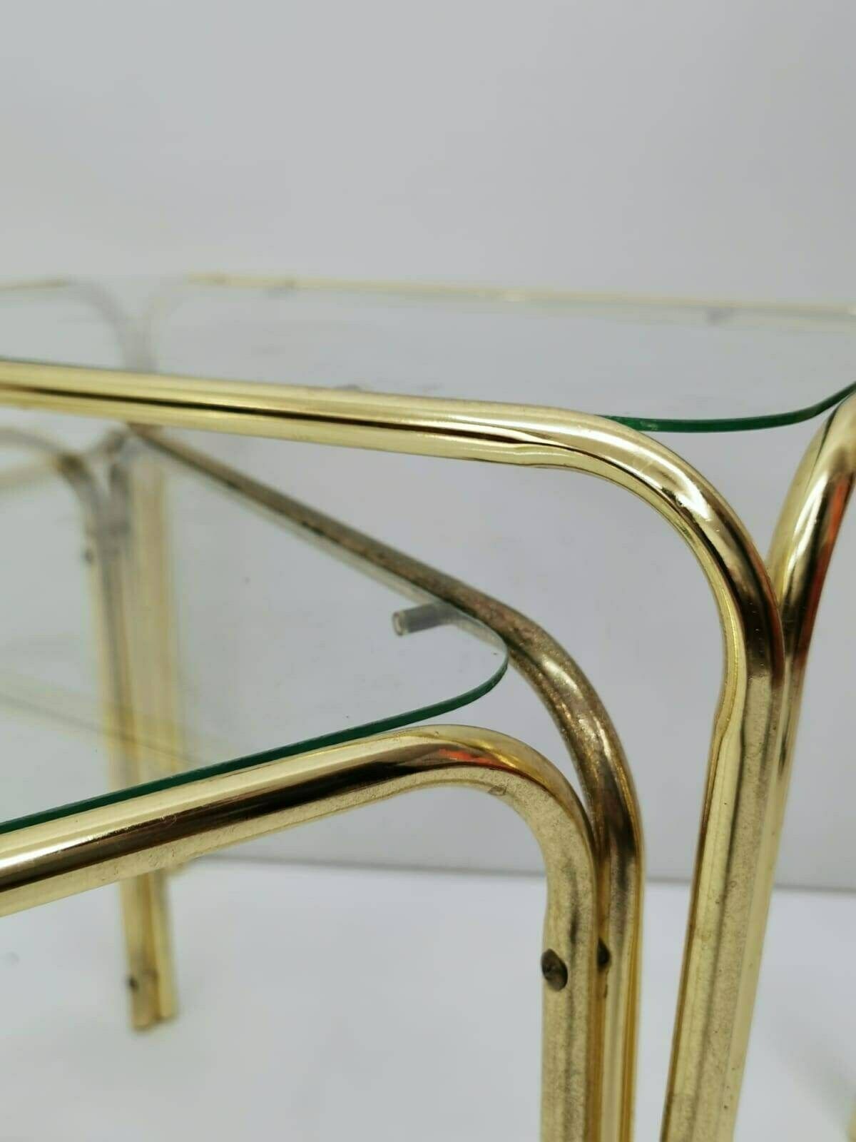 Set Of 3 Mid Century Modern Gold Brass And Smoked Glass Stand Table Set, Living Room Organiser, Or Flower Table 1960s photo for sale