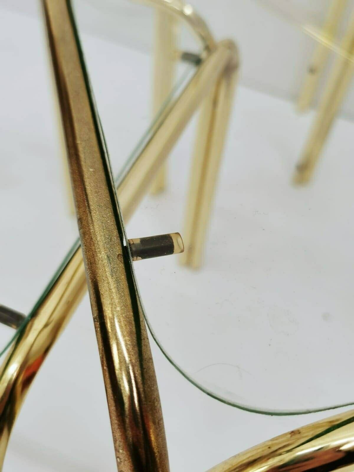 Set Of 3 Mid Century Modern Gold Brass And Smoked Glass Stand Table Set, Living Room Organiser, Or Flower Table 1960s photo vintage