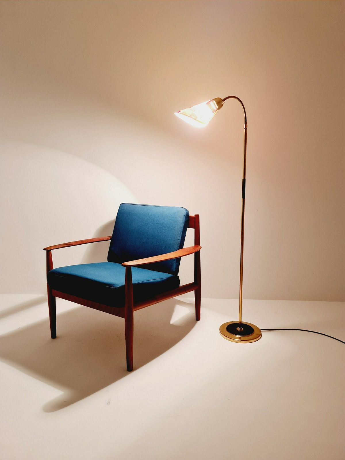 photo furniture German Modern Flex Arm Brass Floor Lamp, Tütenlampe From The 50s