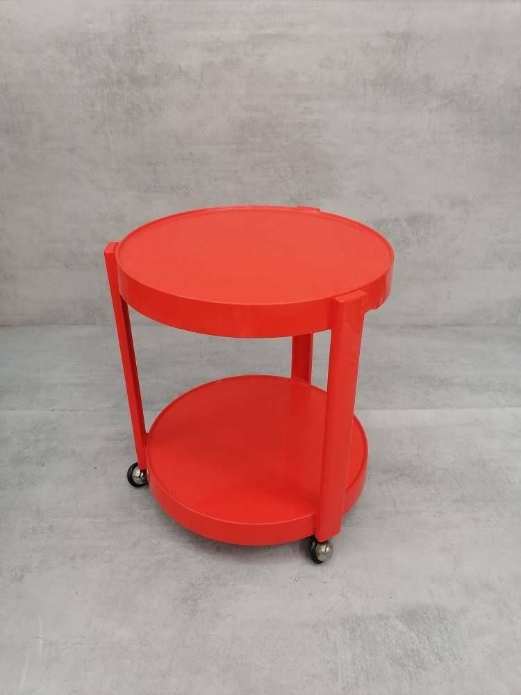 Midcentury Orange Plastic And Metal Chrome Round Italian Bar Cart, 1950s