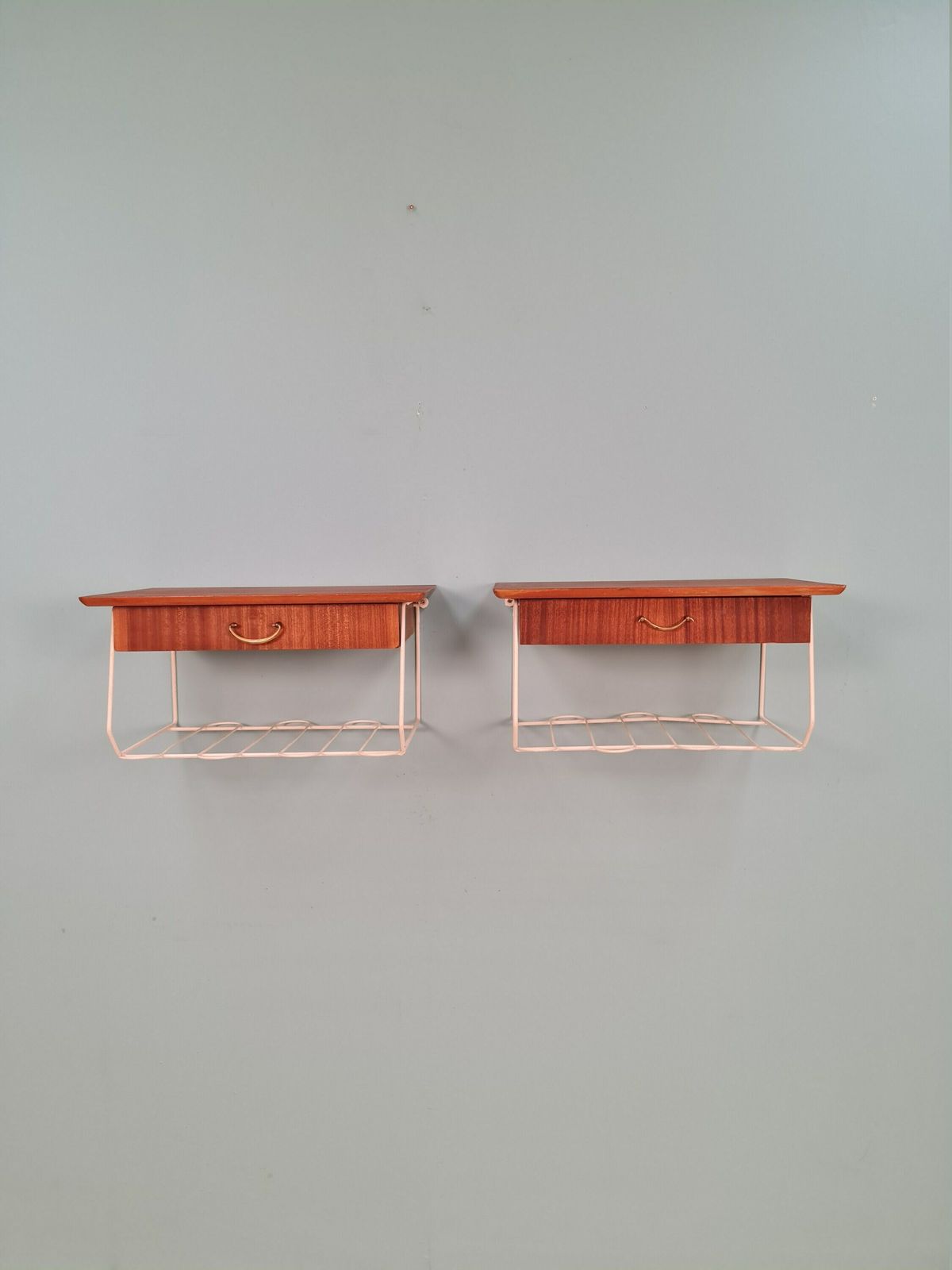 Pair Scandinavian String Mahogany Hanging Telephone Table/ Shelf/ Bedside Table/ Nightstand From The 60s photo for sale