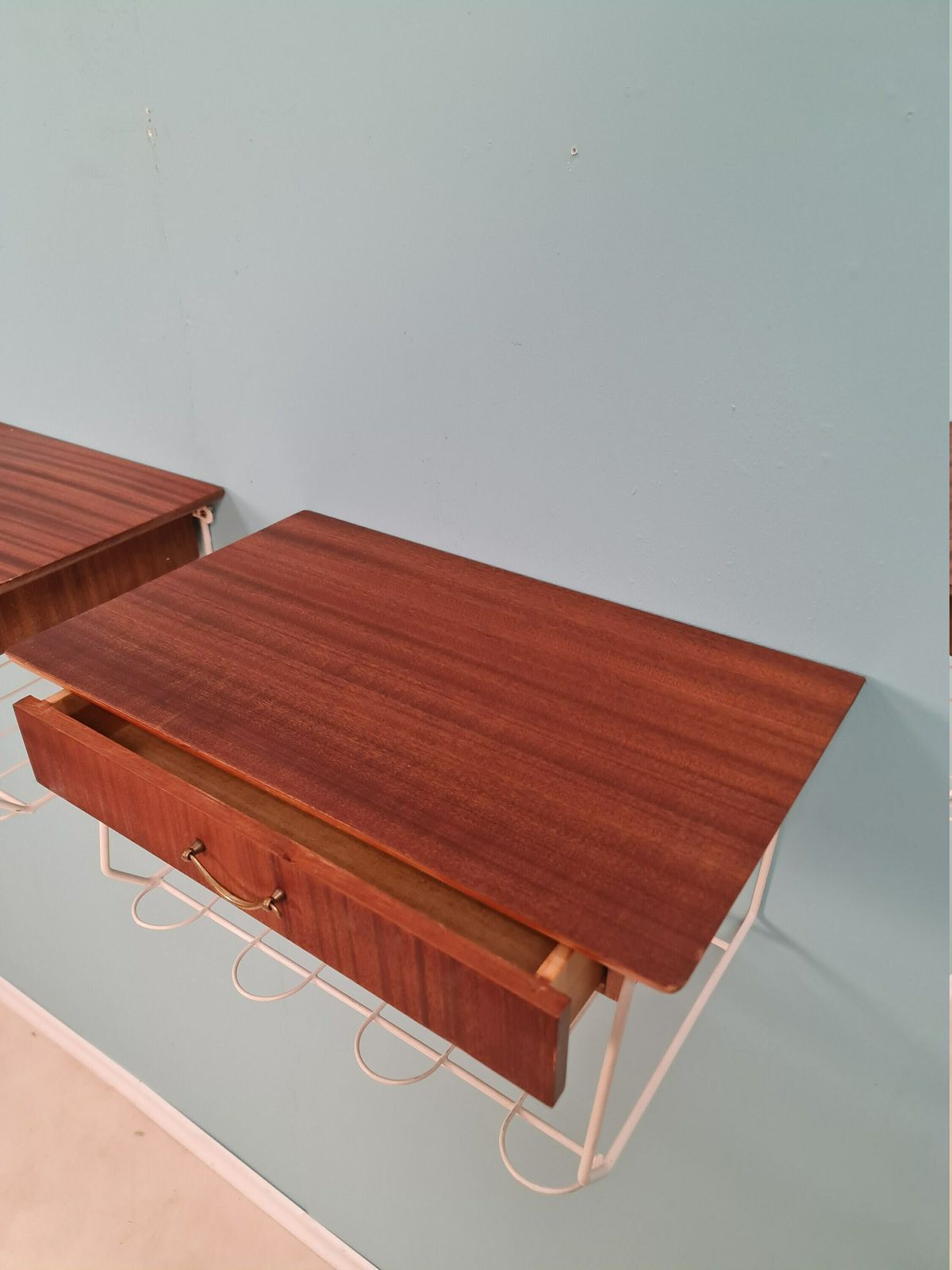 Pair Scandinavian String Mahogany Hanging Telephone Table/ Shelf/ Bedside Table/ Nightstand From The 60s photo 646.0