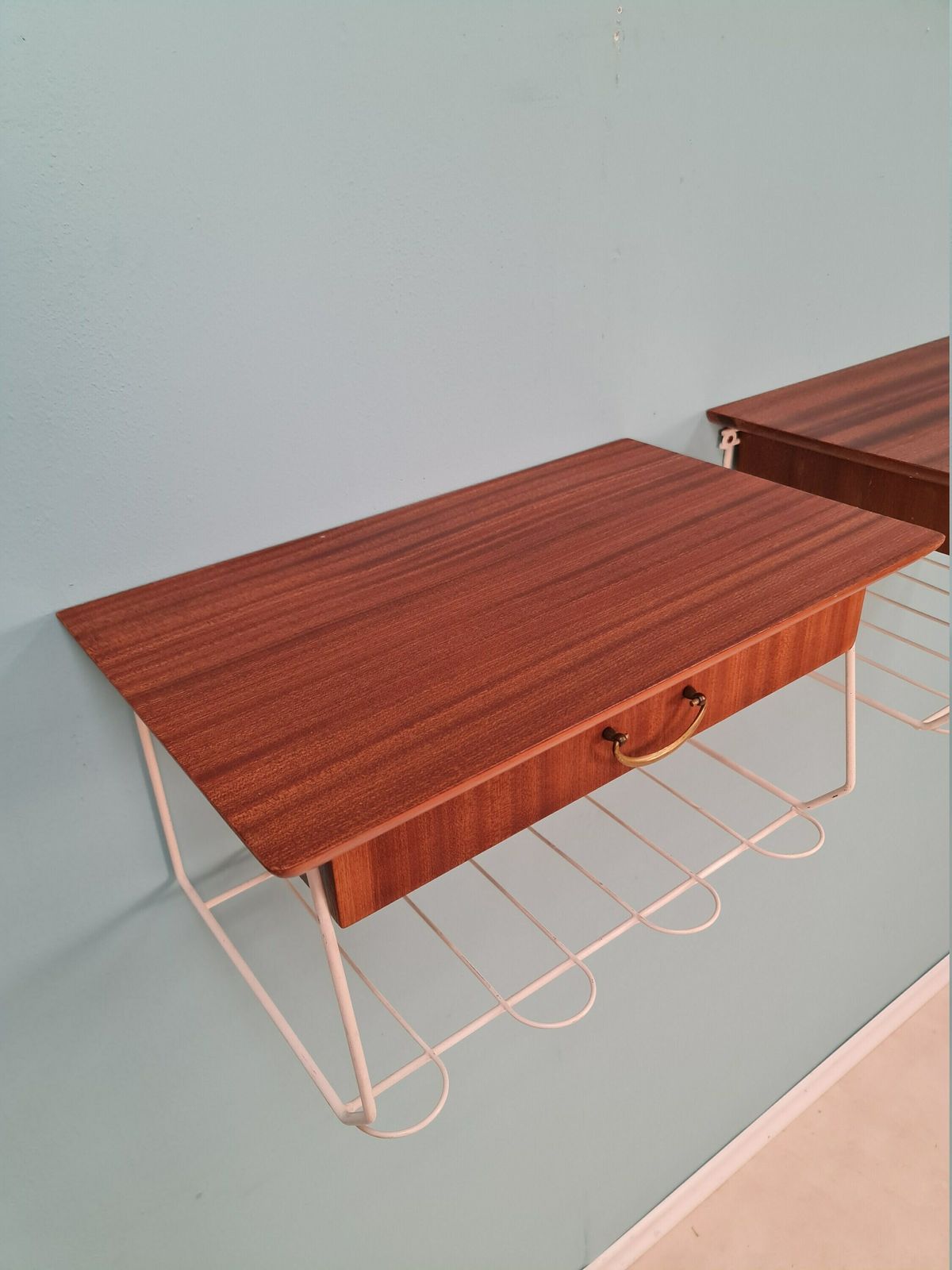 Pair Scandinavian String Mahogany Hanging Telephone Table/ Shelf/ Bedside Table/ Nightstand From The 60s photo vinterior