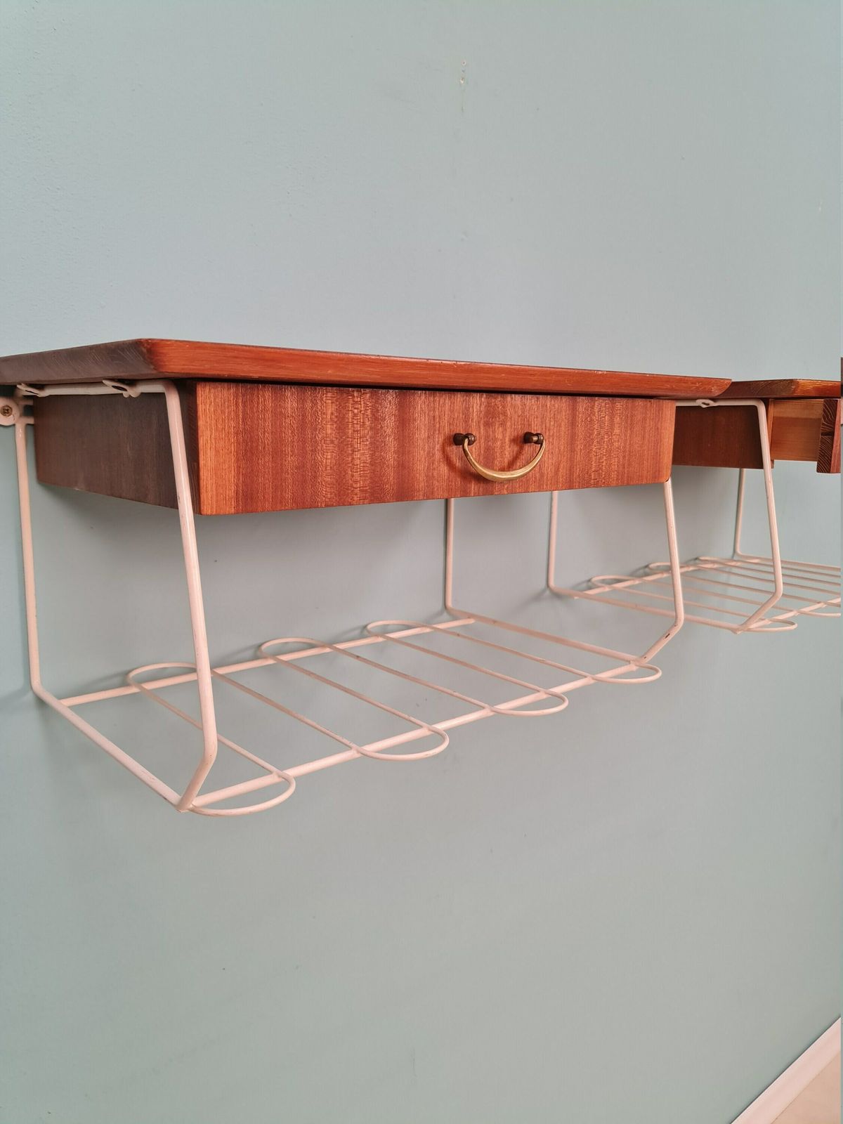 Pair Scandinavian String Mahogany Hanging Telephone Table/ Shelf/ Bedside Table/ Nightstand From The 60s photo buy
