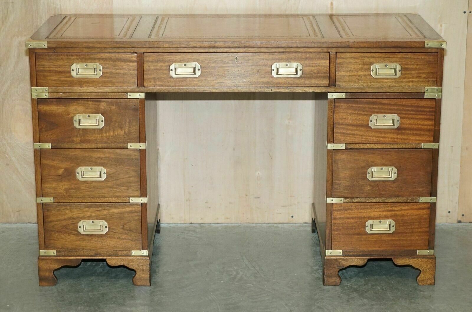 Fully Restored Harrods Kennedy Brown Leather Military Campaign Pedestal Desk photo for sale