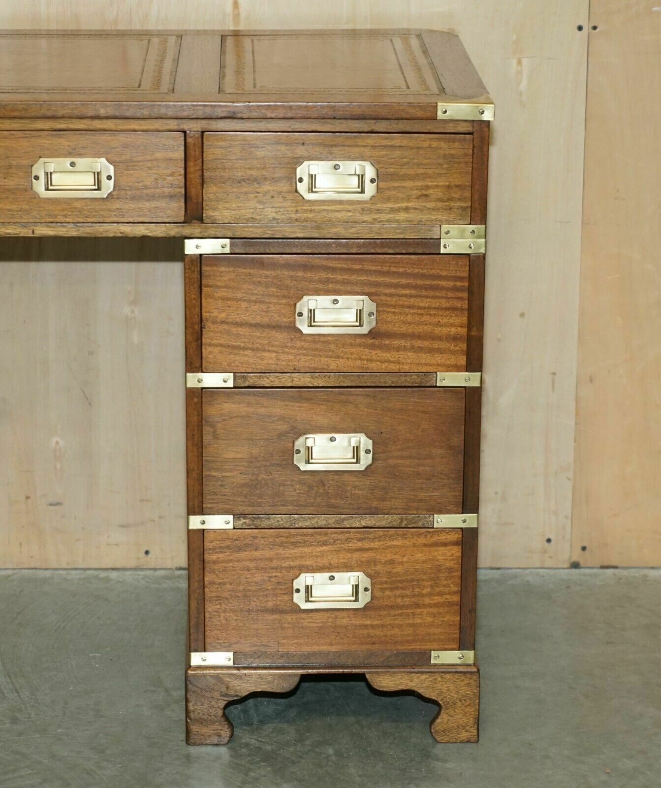photo for sale Fully Restored Harrods Kennedy Brown Leather Military Campaign Pedestal Desk
