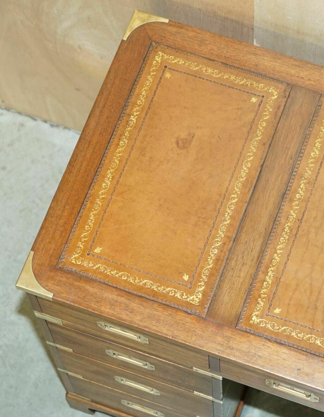 photo buy Fully Restored Harrods Kennedy Brown Leather Military Campaign Pedestal Desk