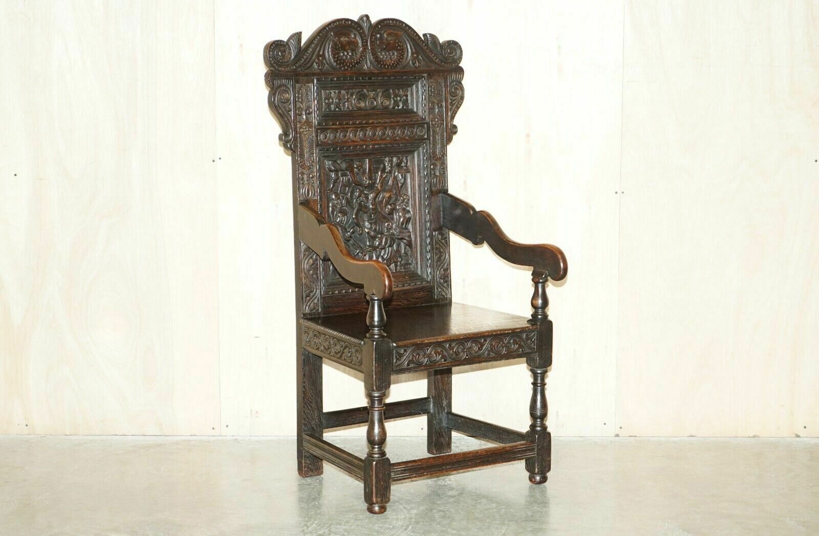 Antique Exceptionally Rare 1686 Dated Wainscot Armchair Northern England Oak