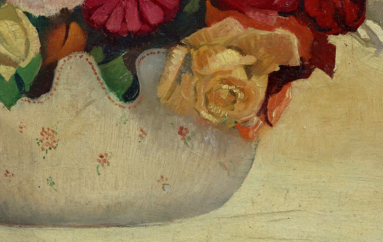 photo for sale Large Painting "Still Life With A Bouquet Of Flowers" Signed Obligi, Early 20th Century
