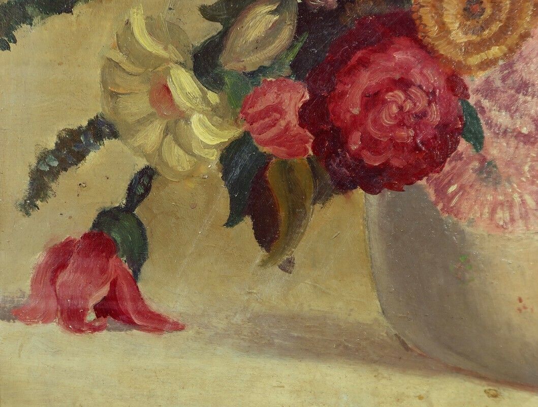 Art Large Painting "Still Life With A Bouquet Of Flowers" Signed Obligi, Early 20th Century photo