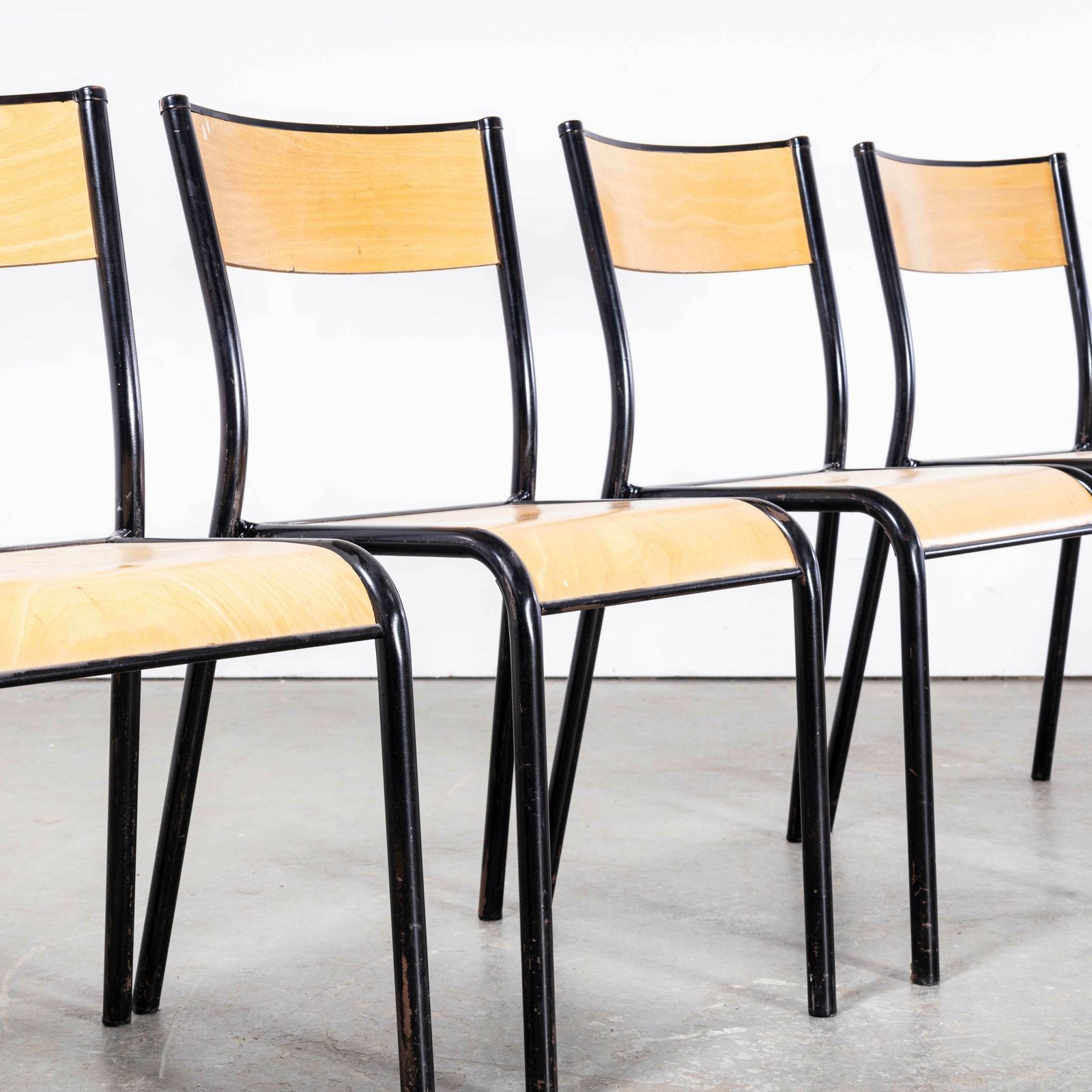 1950’s French Mullca Stacking School – Dining Chairs – Black Model 510 – Set Of Four photo for sale