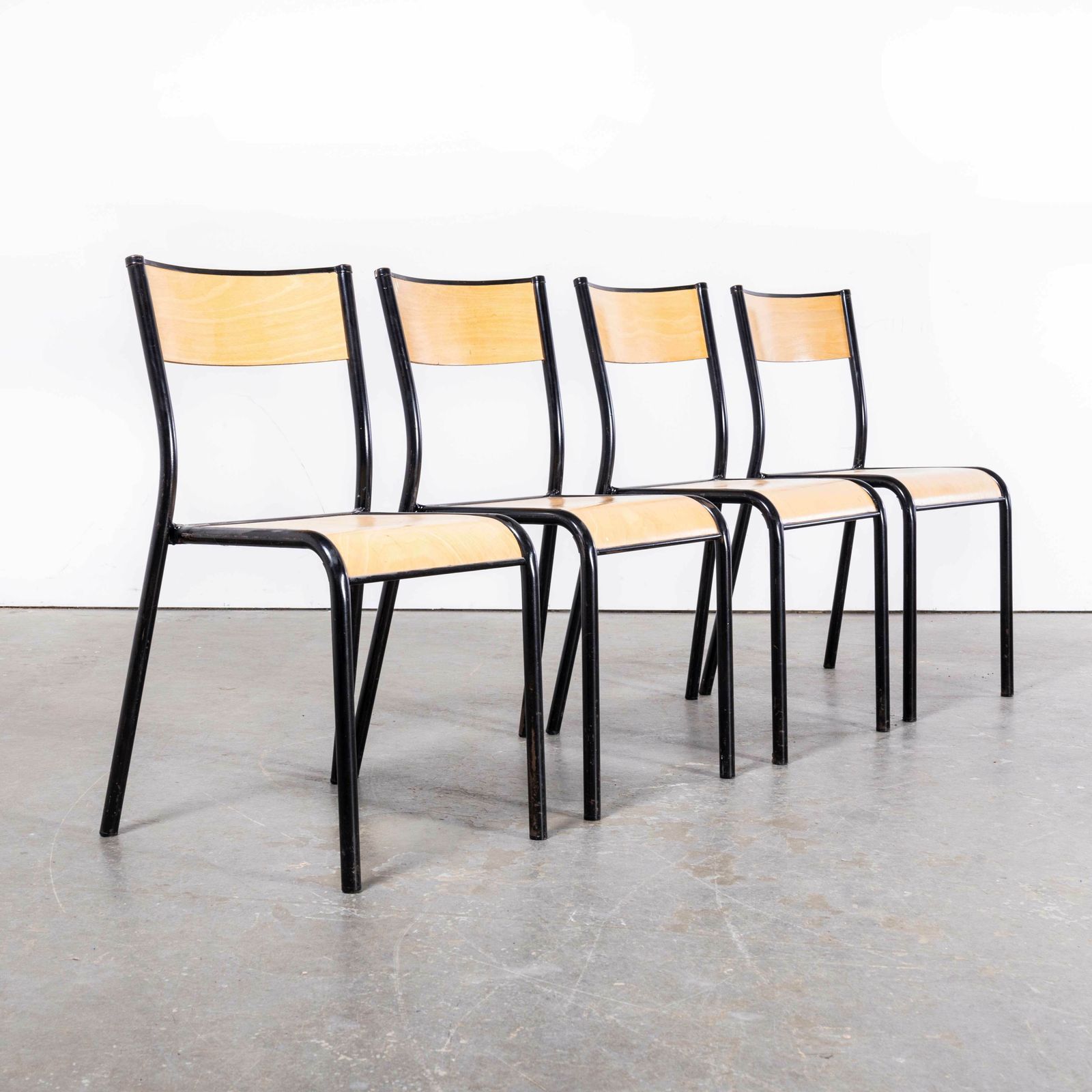 1950’s French Mullca Stacking School – Dining Chairs – Black Model 510 – Set Of Four photo Furniture
