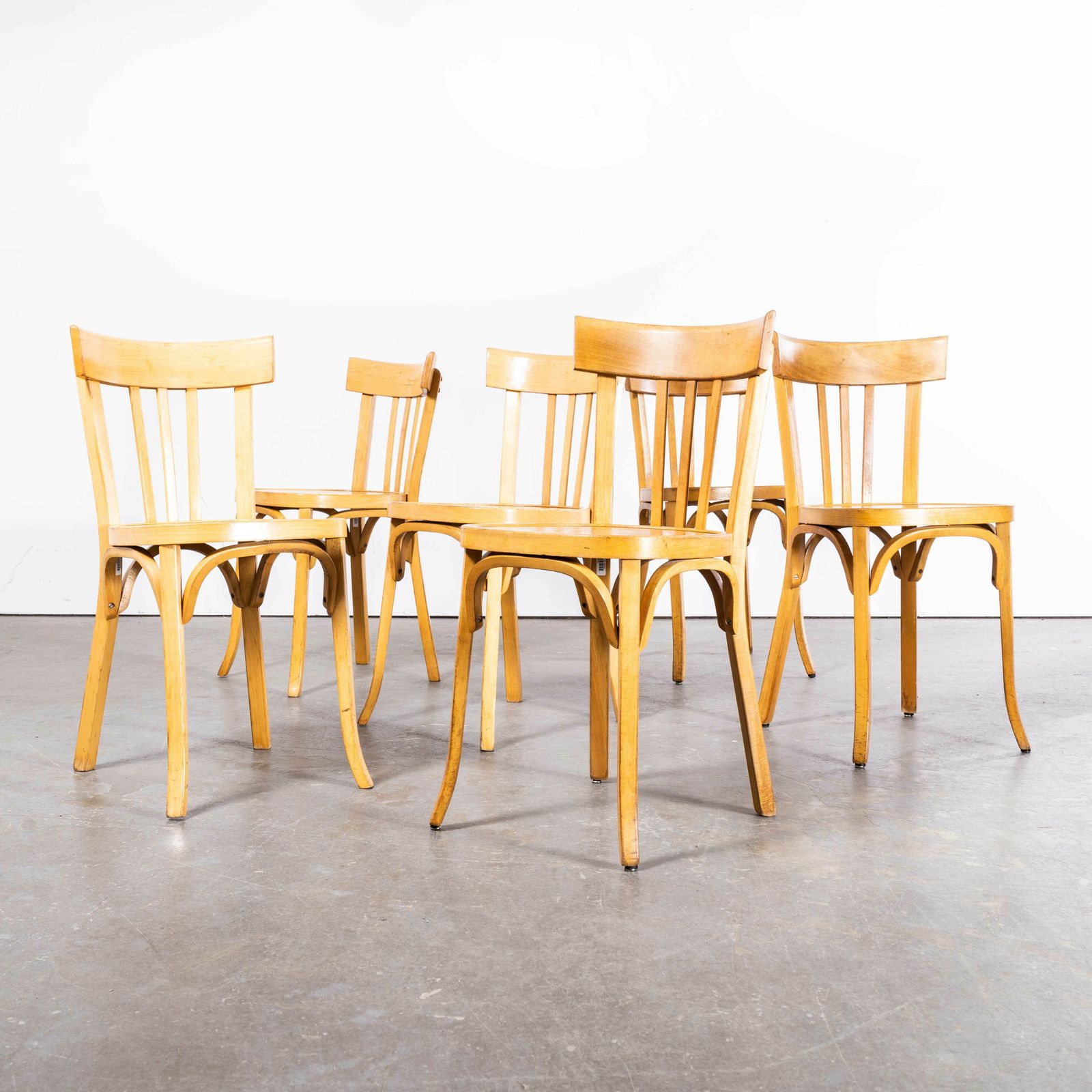 1950’s French Baumann Blonde Tri Back Bentwood Dining Chairs – Set Of Six