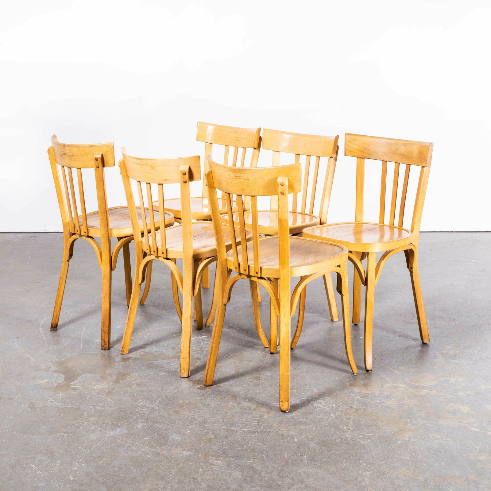 1950’s French Baumann Blonde Tri Back Bentwood Dining Chairs – Set Of Six photo for sale