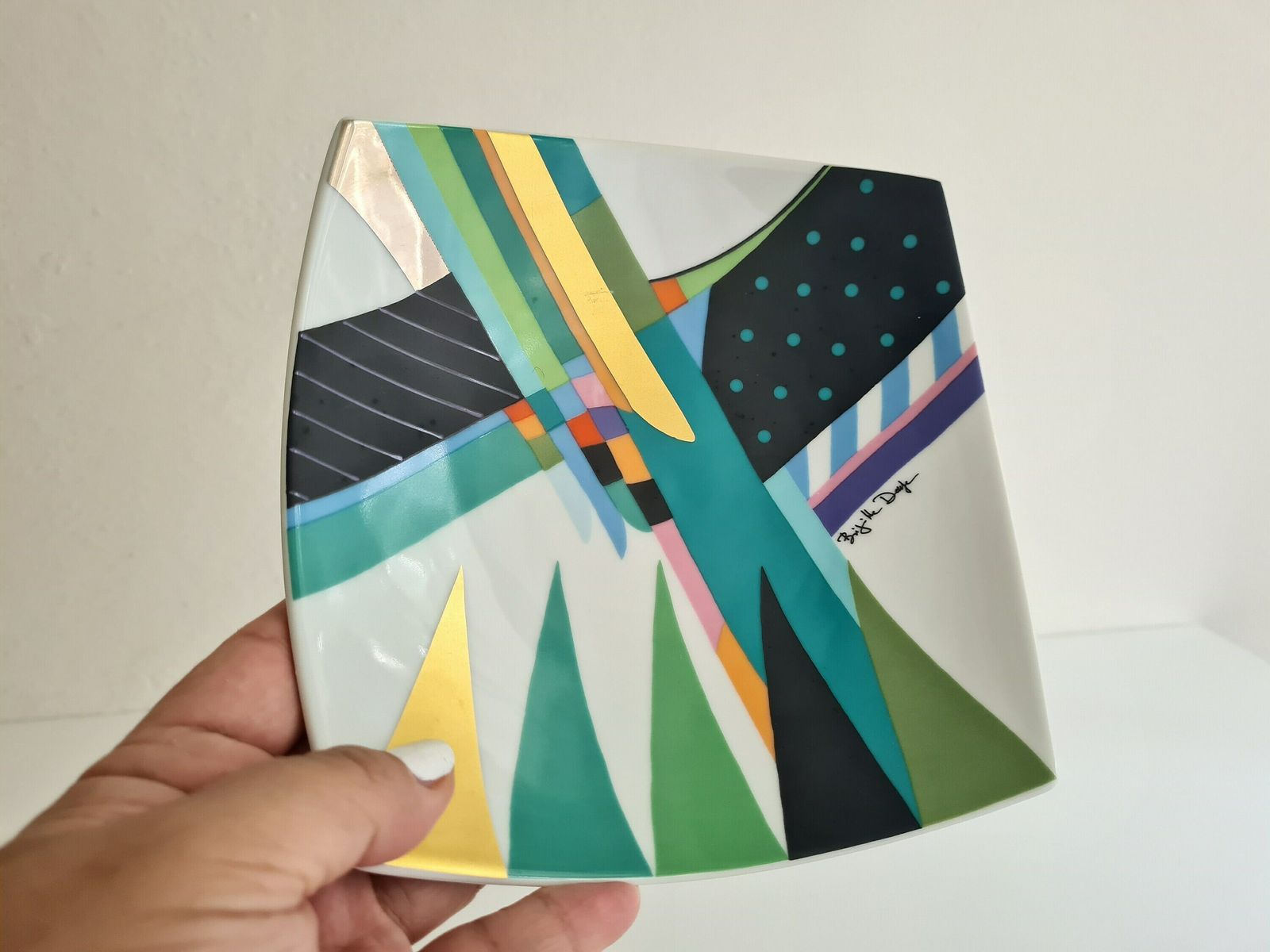 Vintage Memphis Milano Style Plate 80s Rosenthal Artist Signed Plate With Fabulous Abstract Colourful Painting photo for sale