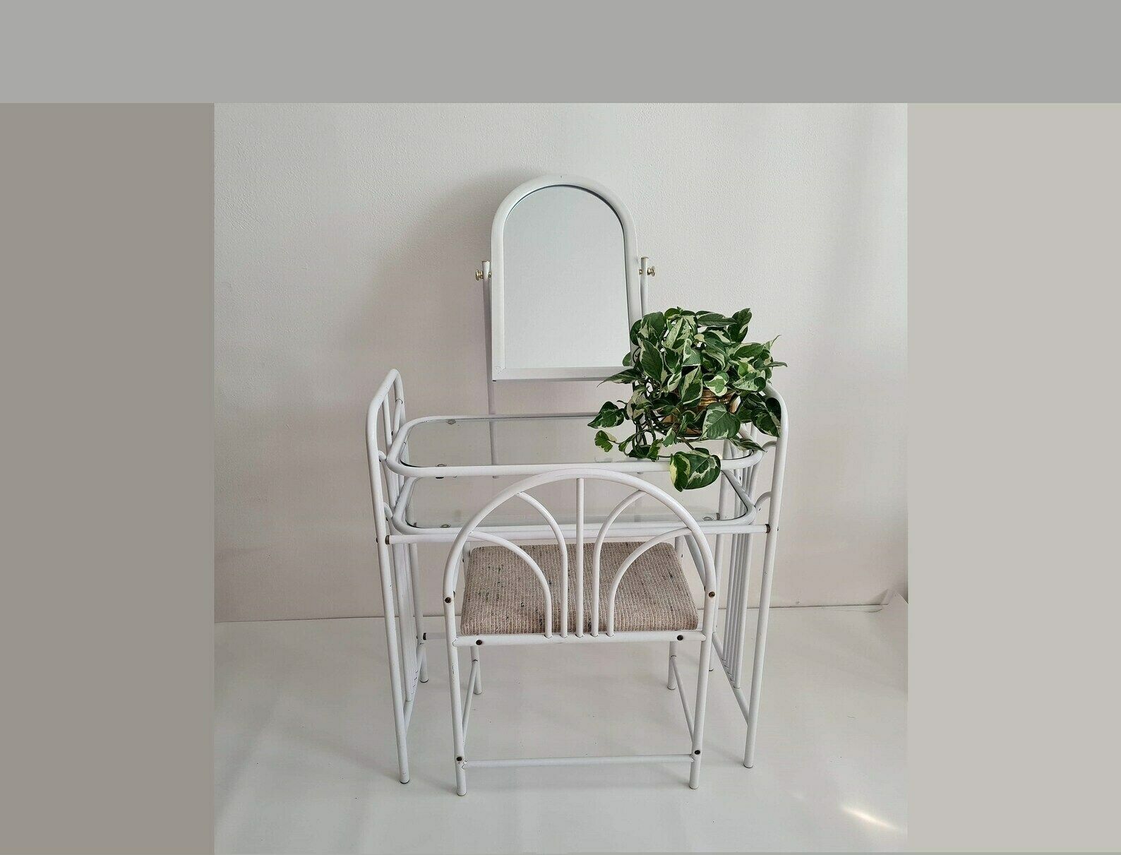 Vintage Mid Century Dressing Metal And Glass Table With Mirror And Stool 80s