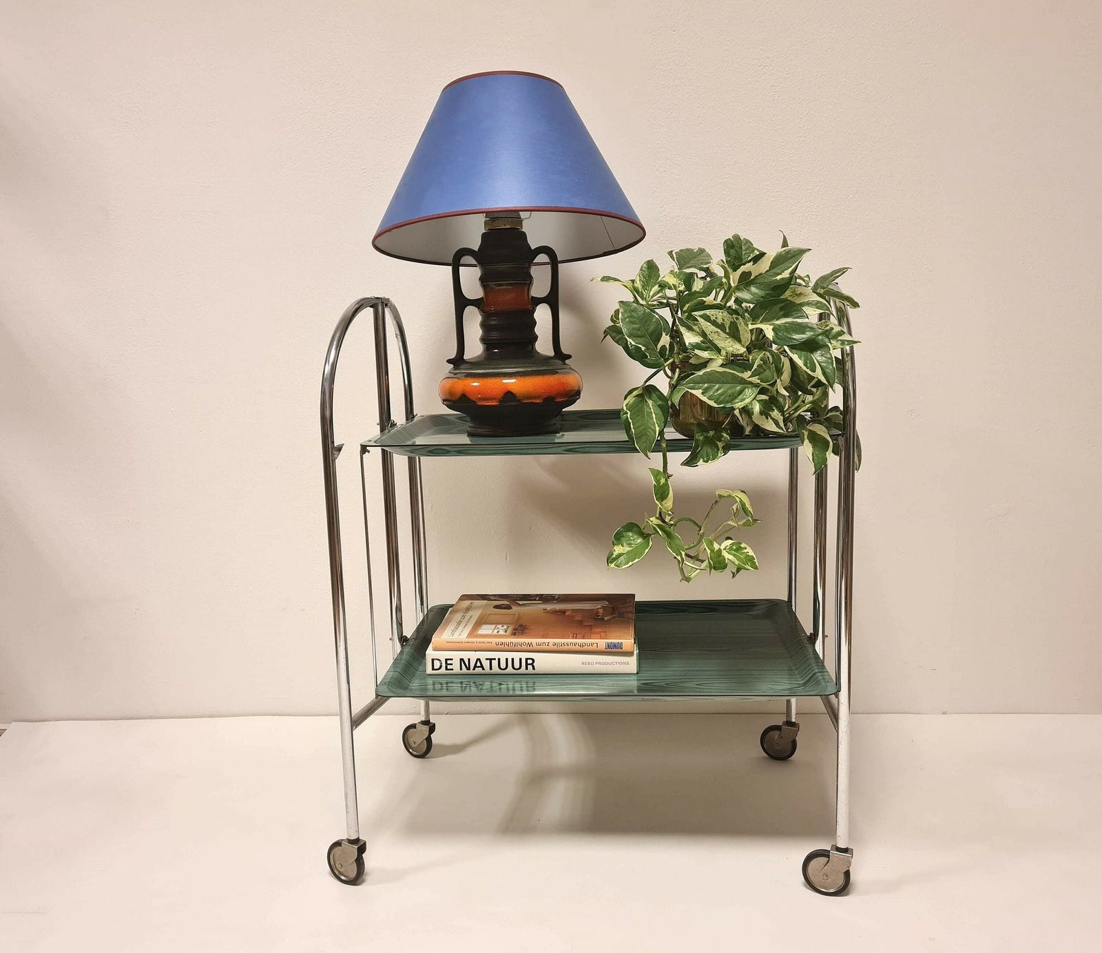 Vintage Trolley In Chrome With Green Trays. Made In Germany 70s