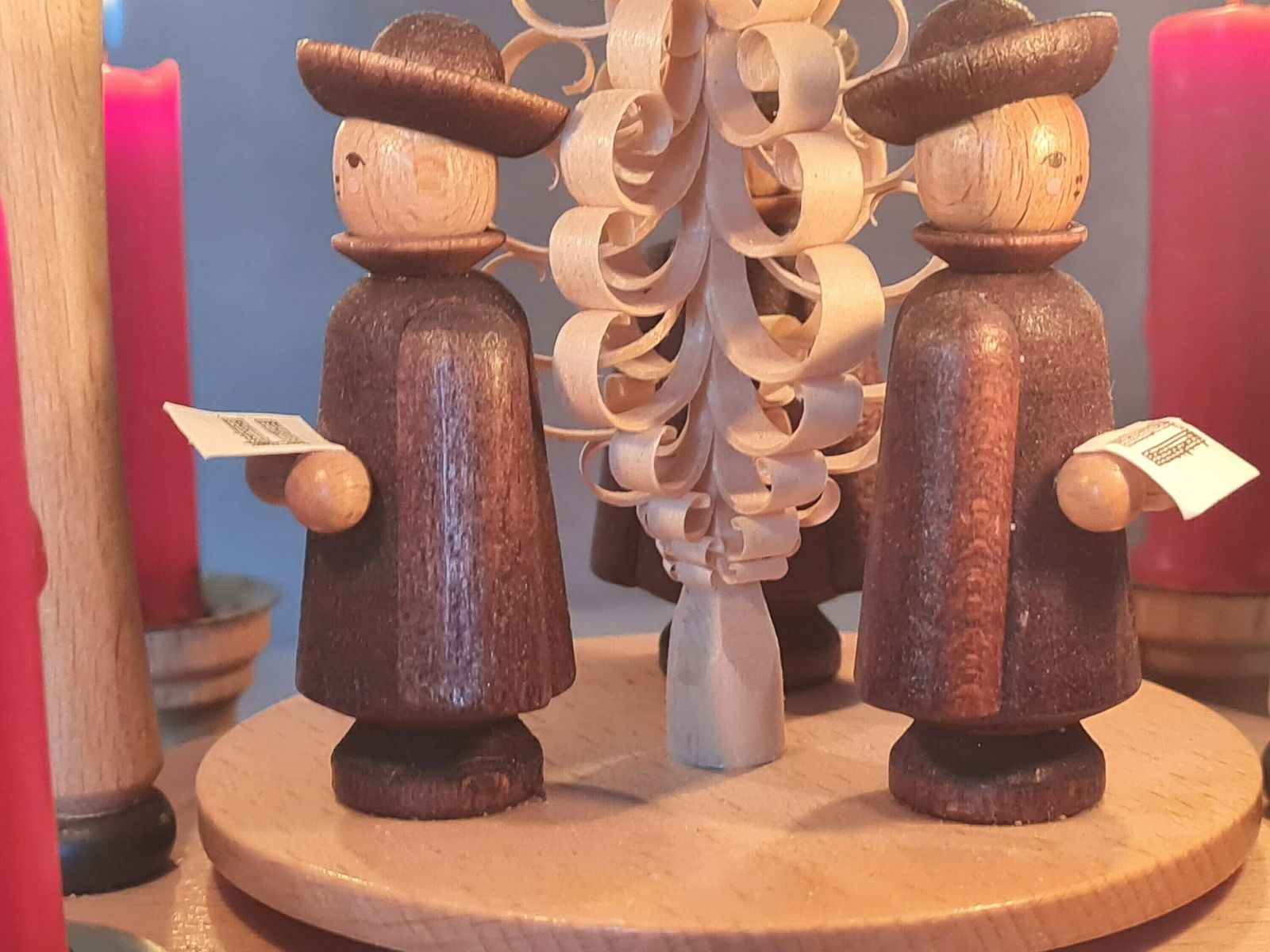 photo for sale Vintage German Pyramid With Wooden Figurines And 4 Candles Handmade Design