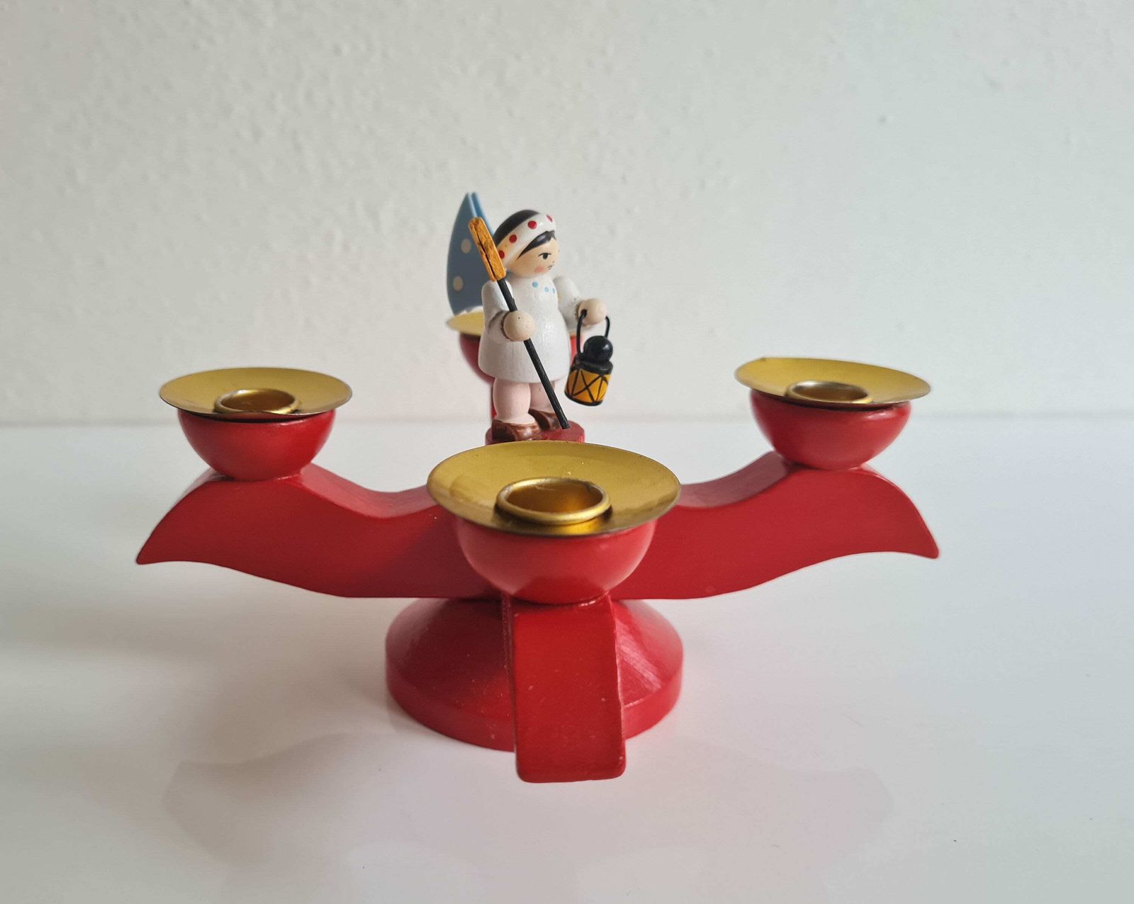 photo for sale Vintage Erzgebirge German Candlestick Christmas Angel Wooden Hand Painted Candle Holders