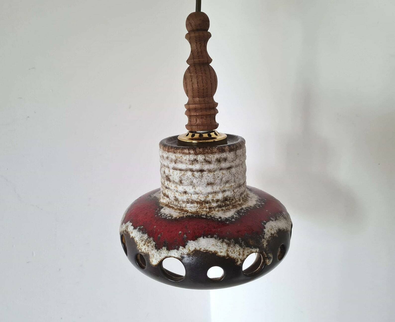Vintage One Of Two Pendant Lamps With Wooden And Brass Fittings Hand Made Fat Lava Herda Gdr Design 70s